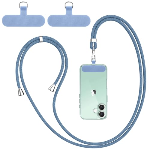 Vancle Cordon para Movil Universal, con 2 Parches Duraderos, Cuerdas Ajustables de 1,6m, Correa Cruzada para el Cuello y Muñeca, Compatible con Mayoría de Las Fundas de Teléfono (Azul Grisáceo)