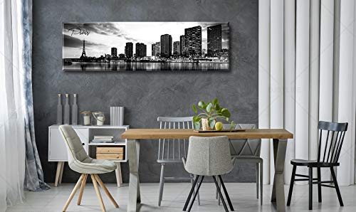 Image of DJSYLIFE Paris Eiffel Tower Skyline Wall Art Black and White Modern City Night View Panoramic Cityscape Picture Paintings Canvas Prints Office Room Home Decoration Artwork Framed 13.8 inchX47.3 inch