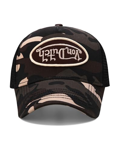 Image of Von Dutch Monogram Trucker Cap - Retro Snapback Cap for Men and Women - Adjustable Snap Fit Panel, Mesh Rear, Curved Bill