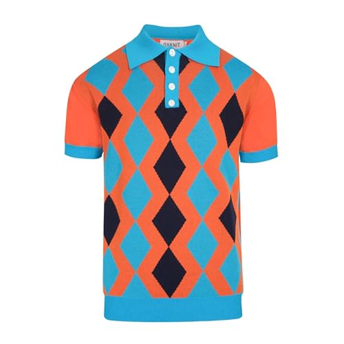Retro Knitted Polo Shirts for Men, 1960s Geometric Pattern Short Sleeve with Quarter Button, Orange Blue