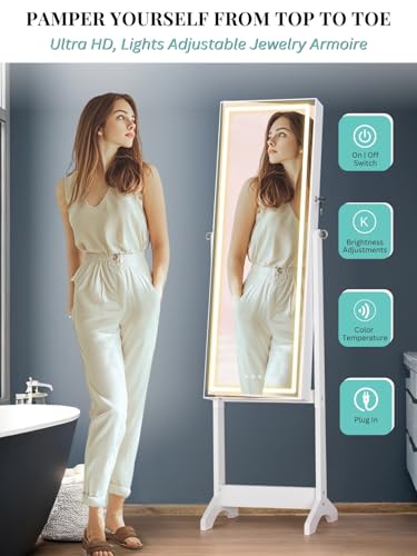 LUXFURNI LED Full Length Mirror Jewelry Cabinet with Storage and Brush Holder - Lockable White Organizer