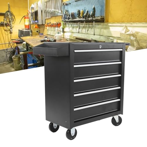 Handschub-Werkzeugwagen mit 5 Schubladen, Internem Verriegelungssystem, Leichtgängigem Schlitten, Kaltgewalztem Stahl, Abnehmbaren Rollen, Werkstattwagen mit 5 Fächern für die – Bild 3