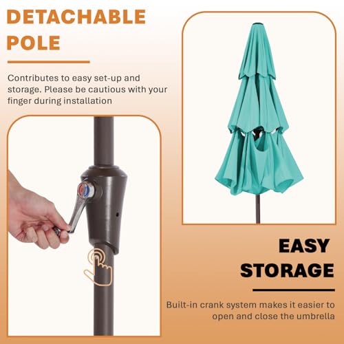 Image of JEAREY 9FT 3 Tier Patio Umbrella Outdoor Market Umbrella Table Umbrellas with 8 Ribs 1.5 Pole Push Button Tilt and Crank UV Protection for Garden,Peacock Blue
