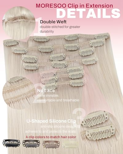 Image of Moresoo Clip in Hair Extensions Platinum Blonde Added Thickness 16 inch | Clip ins human hair, soft pearl blonde finish, 135g 7pcs, seamless design, heat-stylable straight hair for fuller styling
