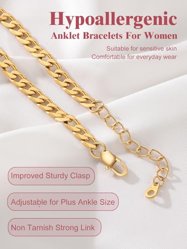 Image of FOCALOOK 14K Gold Plated Anklets for Women Waterproof Plus Size Ankle Bracelet 8.5-10.5 Inch Adjustable Mariner /Figaro /Flat Snake /Cuban Link Chain Anklet Jewelry for Summer Beach Holiday