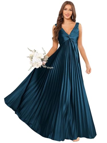 BANTRATIC Satin Sleeveless Bridesmaid Dresses for Women A-Line Pleated Maxi Formal Evening Wedding Guest Gown