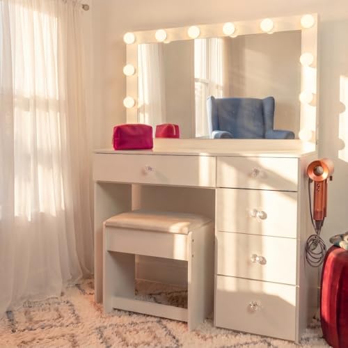 Image of Boahaus Cleo Vanity Desk with Framed Bulb Mirror & Stool - 5 Drawer Makeup Station with Integrated Power