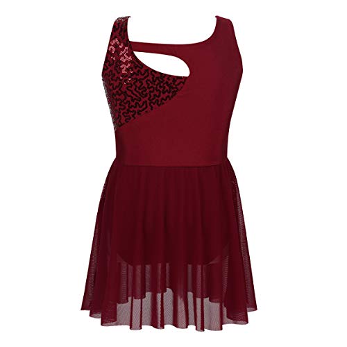 Jeatha Kids Girls Shiny Sequins Sleeveless Ice Skating Ballet Dance Tulle Dress Mesh Splice Leotard Dancewear Burgundy 10 #TOP1