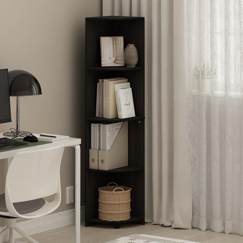 Image of Furinno ECON Corner Shelf, 4-Tier Corner Book Shelf, Storage Shelves, Display Rack, Bookshelf, for Organization and Storage, Living Room, Home Office, Espresso