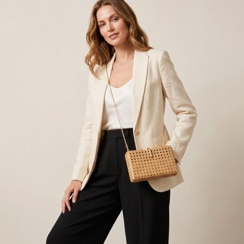 Image of Women Acrylic Rattan Clutch Purse Rattan Woven Evening Bag Wedding Party Purse Summer Beach Wicker Shoulder Handbag
