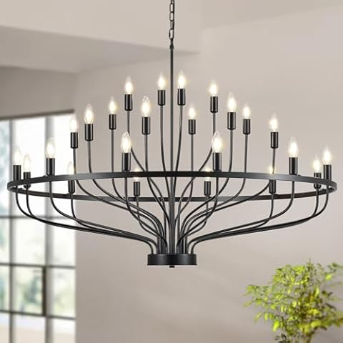 Widluth 47.2" Industrial Large Black Chandelier Rustic Vintage 24-Lights Candle Style Black Chandelier Light Fixture Farmhouse Retro Black Chandelier for Dining Room, Kitchen Island, Living Room, E12 Cover