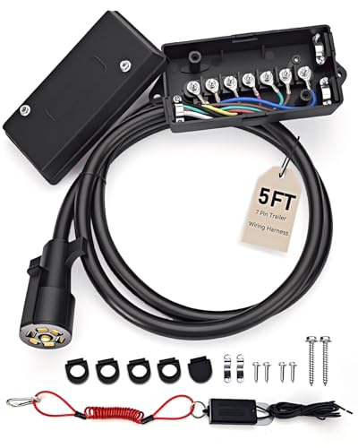 GLUWPA 7-Way Trailer Cord with Waterproof 7-Gang Junction Box Kit - 5FT Heavy Duty 7 Pin Wiring Harness & 12V Breakaway Switch for RV, Camper, Boat Trailers