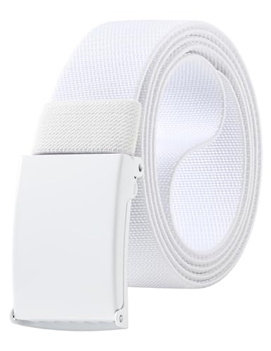 Mile High Life Stretch Canvas Belt for Men Golf Casual Elastic Web Belt Flip Top Buckle Adjustable Cut to Fit (White)