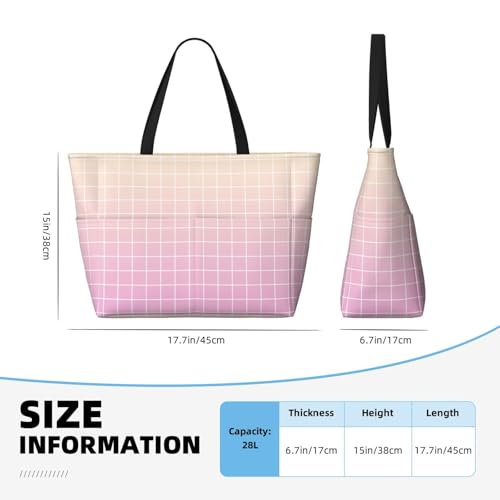 Large Beach Bags for Women Sandproof - Pink Ombre Grid Print Summer Travel Work Tote Bags with Zipper2