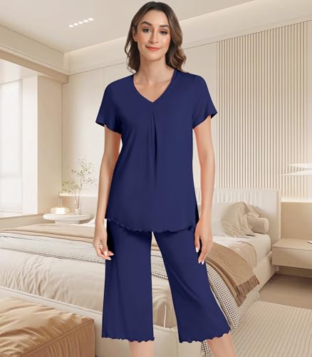 Image of NACHILA Women's Pajama Sets Cooling Bamboo Viscose V-Neck Top & Capri Pants | Lightweight, Breathable, Moisture-Wicking, Buttery Soft, Ideal for Hot Sleepers, Night Sweats and Hot Flashes, Sleep & Lounge