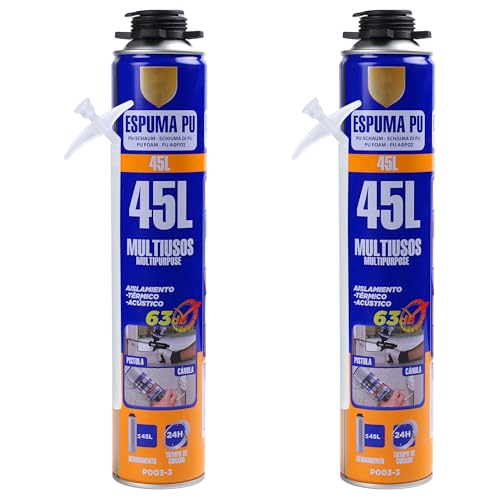 Espuma de Poliuretano 750ml con Cánula – Aislamiento Térmico y Acústico – Expansiva y de Secado Rápido – Para Construcción, Sellado y Reparación de Grietas, Pack de 2 unidades