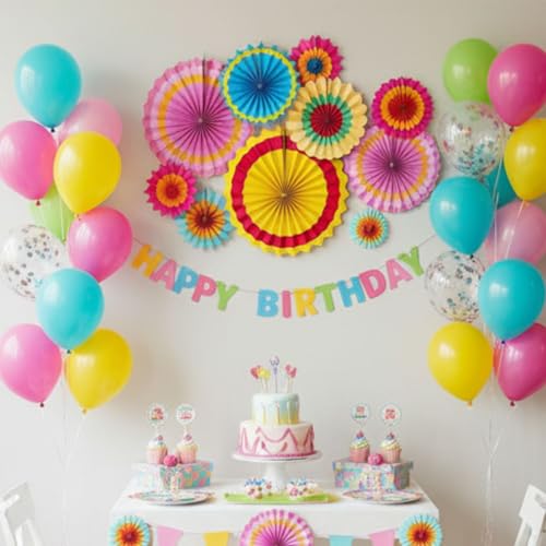 Image of 6 Pcs Multicolor Hanging Fiesta Paper Fans for Birthday Decoration Party Decoration Diwali Wedding (Pack of 6)