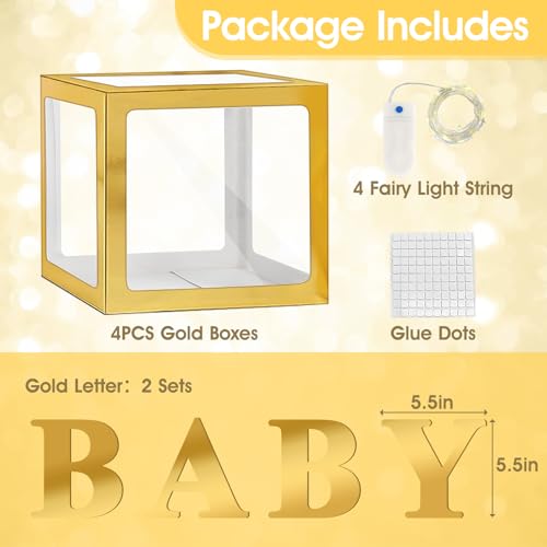 Image of Ledido Baby Boxes with Letters for Baby Shower Decorations, 4 pcs Clear Balloon Boxes Blocks Decor with LED Fairy String Lights for Boy Girl Gender Reveal Decorations Backdrop Party (Gold)