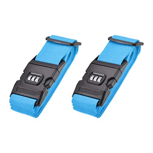 uxcell Luggage Straps Suitcase Belts with Buckle, Combination Lock, 2Mx5cm Adjustable PP Travel Bag Packing Accessories, Sky Blue 2Pcs