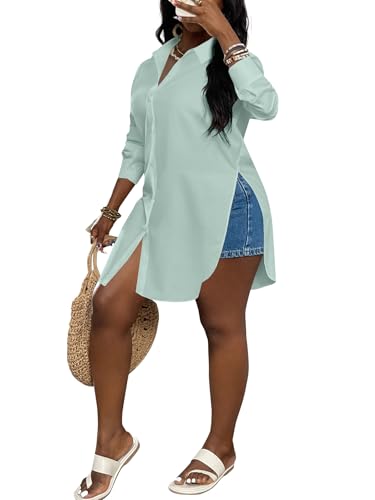 Image of LYANER Women's Collar Neck Long Sleeve Button Down Shirts Sexy Split Hem Tops Long Blouse Shirt Dress