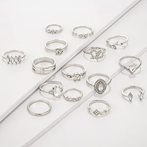 Stone Studded Silver Plated Stackable Rings Set of 15