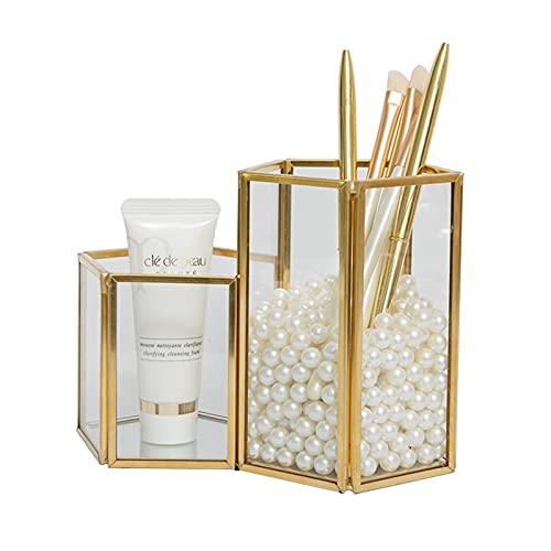 SLHEQING Makeup Organizer Gold Makeup Brush Holder Glass Cosmetic Organizer, Vintage Make up Storage