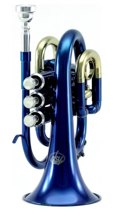 Sky Band Approved Brass Bb Pocket Trumpet with Case, Cloth, Gloves and Valve Oil, (Blue)
