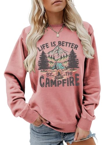 Jtvznmi Funny Camping Sweatshirt for Women Casual Long Sleeve Crewneck Comfy Vintage Pullover Camp Lover Lightweight Tops Rose Gold