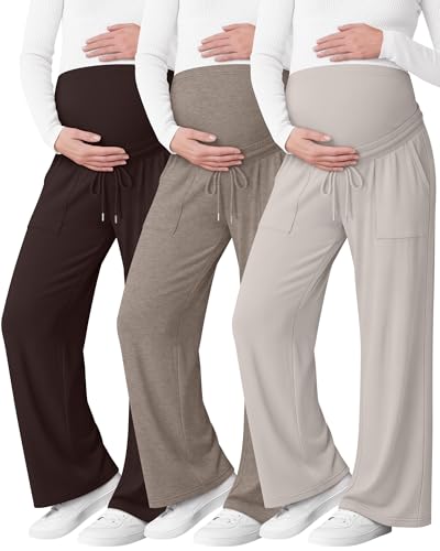 Sweetyweee 3 Pack Women Maternity Pants Wide Leg Over The Belly Lounge Loose Casual Pregnancy Pajama Trousers with Pockets(Cream Gray Light Coffee Brown Large)