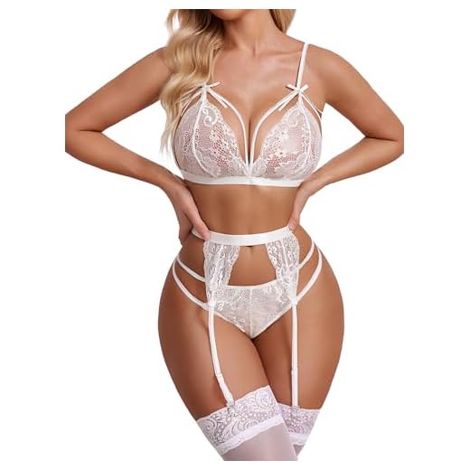 Meaneor_Fashion_Origin Damen Negligee Nachtwäsche Reizvolle Strapsen Reizwäsche Erotik Dessous Set V-Ausschnitt Spitze Unterwäsche Lingerie Babydoll Nachthemd mit Strumpfband- Gr. XL, Weiß C