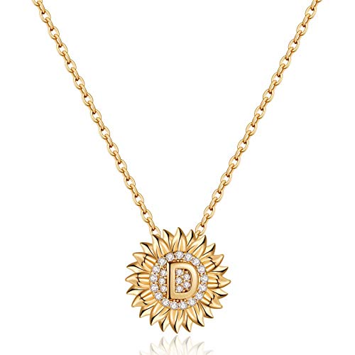Dainty Sunflower Necklace Sunflower Gifts, CZ Initial D Sunflower Necklace for Women Letter Necklaces for Teen Girls Jewelry Sunflower Gifts for Women 14K Gold Initial Necklaces Sunflower Jewelry