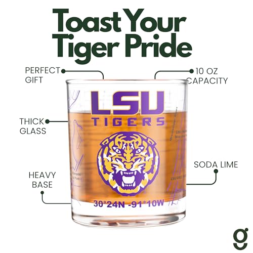 Image of Greenline Goods LSU Louisiana State University Tigers Whiskey Glasses Set of 2, 10 oz Rocks Glasses with Full-Color Logo & Campus Map - Officially Licensed Bourbon Glass Gift for Alumni & Fans