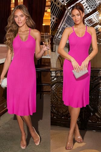 Image of Arach&Cloz Women's Knit Adjustable Halter V Neck Summer Vacation Dress 2025