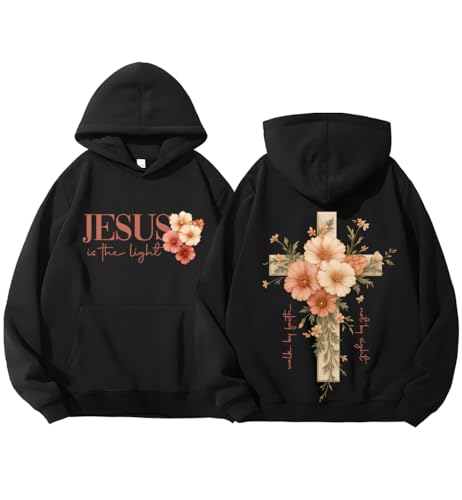 LEIMUGE Faith Cross Christian Hoodies For Women With Floral Cross Womens Graphic Sweatshirt Long Sleeve Shirt Black