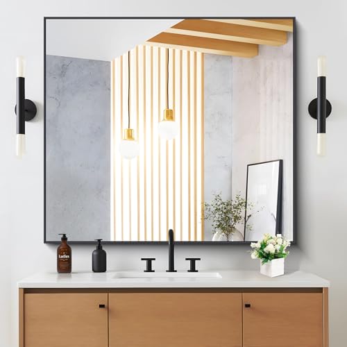 Image of DESBING Black Bathroom Mirror for Wall, 36x40 Inch Rectangle Mirrors with Metal Frame, Modern Vanity Wall Mirror Decor for Entryway Hangs, Bathroom Living Room Horizontal or Vertical