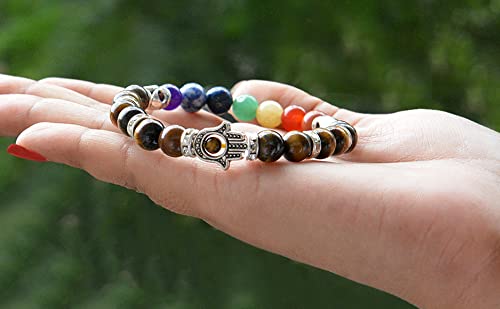 Image of Reiki Crystal Products Certified Natural Crystal Stone 7 Chakra with Hamsa 8 mm Round Beads Bracelet for Men & Women | Reiki Charged Gemstone Bracelet | Multiple Stone Variants Available