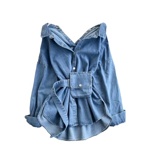 UIOKLMJH Spring Fashion Lapel Denim Shirt Women Backless Straps Waist Thin Two Wear Jacket