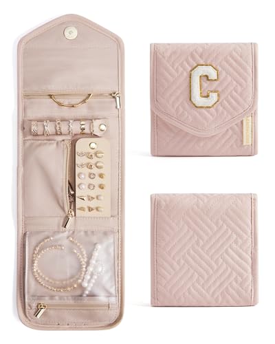 Image of BAGSMART Travel Jewelry Organizer Case C Initial Foldable Jewelry Roll for Journey Rings, Necklaces, Earrings, Bracelets,Mini,Letter K,Soft Pink