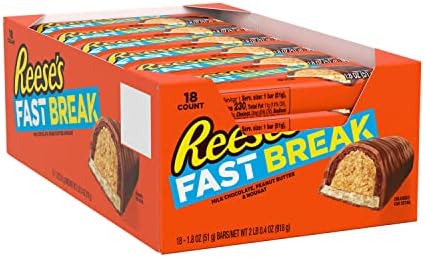 REESE'S FAST BREAK Milk Chocolate, Peanut Butter and Nougat Candy, Bulk, Gluten Free, 1.8 oz Bars (18 Count)