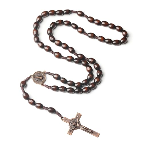 KUTKE Catholic Cross Rosary Necklace wooden rosary beads Natural Wood Prayer Beads with Medal Cross Jesus Christ Saint Benedict Durable Crucifix for Meditation and Daily Wear for Catholic Christians