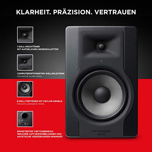 M-Audio BX8 D3 Pair - Professionelle 2-Wege Aktiv Studiomonitor und PC Lautsprecher, 150 Watt für Musikproduktion und Mixing mit eingebauter Acoustic Space Control, 2 Stücke