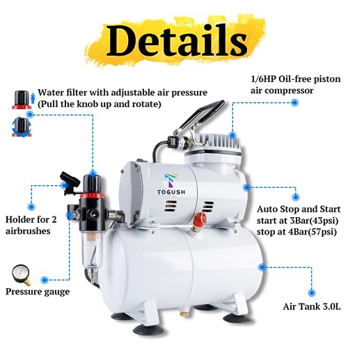 Image of Airbrush Compressor with Tank 100-120V 60HZ Regulator,Water Trap,Portable Air Compressor with Holders,US Plug