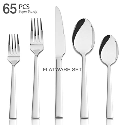 65-Piece Modern Silverware Set, HaWare Stainless Steel Elegant Flatware with Square Edge, Come