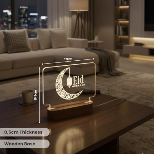 Image of Giftana Eid Mubarak LED Acrylic Night Lamp with Wooden Base - Decorative Moon Lamp with Warm Light - Eid Mubarak Gift for Men, Women & Friends - Eid Decoration Gift for Home, Bedroom & Table Decor