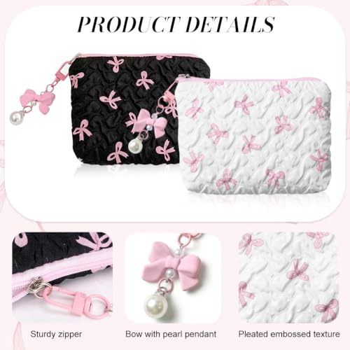 Image of MAYCREATE 2PCS Fashion Makeup Bag Set Textured Embossed Zipper Cosmetic Pouches with Sweet Bow Print & Faux Pearl Bow Charm, Portable Toiletry Organizer for Travel, Purse & Daily Use, 14x12cm
