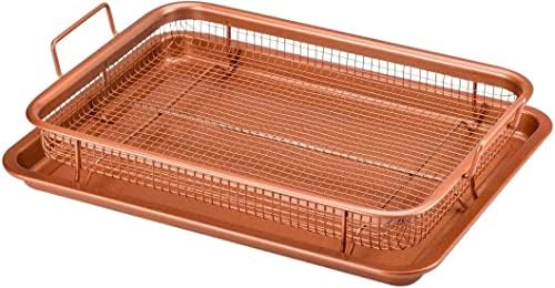 Summerlee Copper Crisper Tray  Premium 2pc Non-Stick Oven Baking Tray Set with Elevated Mesh Crisping Basket for 360° Heat Air Circulation and Handles - Even Healthy Oil Fat Free Home Kitchen Cooking