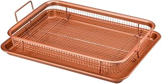 Summerlee Copper Crisper Tray  Premium 2pc Non-Stick Oven Baking Tray Set with Elevated Mesh Crisping Basket for 360° Heat Air Circulation and Handles - Even Healthy Oil Fat Free Home Kitchen Cooking