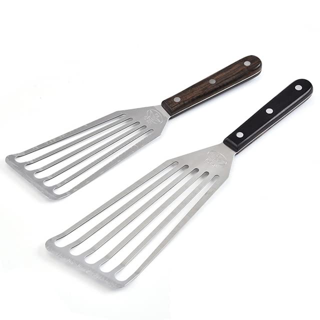HOMEAE - turner - Stainless Steel Slotted Turner & Fish Spatula With 𝖶ооԀеп Handle - Kitchen Tools Leesephs (Set of 2)