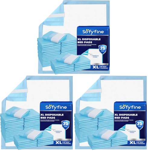 Image of SOFYFINE Bed Pads with Adhesive Strip 30 inchx36 inch Thicken Elderly Adults Incontinence Underpads Disposable,Heavy Duty Absorbent Chucks Waterproof,XL Extra Large Puppy Pee Training Pad[25 Pads] (Pack of 3)