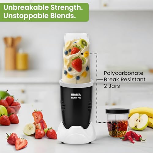 Image of INALSA Blender Mixer Grinder|500W Copper Motor|2 Jars with Travel Lid|3-in-1 Function: Mixing,Blending & Grinding|Blenders for Smoothies,Spices,Chutney,Milk Shakes & Dry Fruit|2 Yr Warranty,Nutri Fit